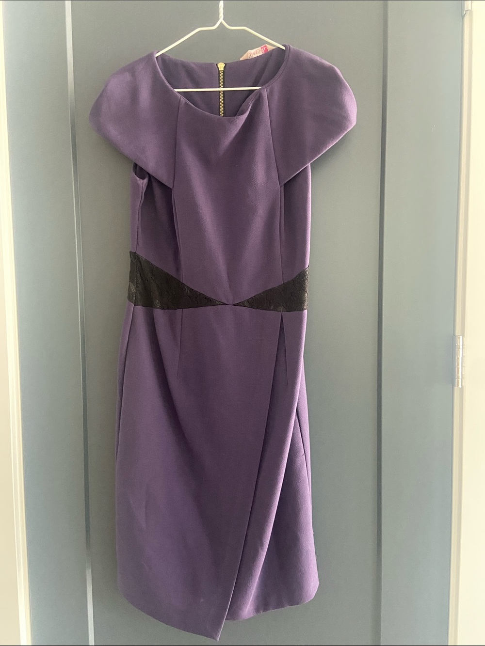 Purple Midi Sheath Dress with Black Waist Detail